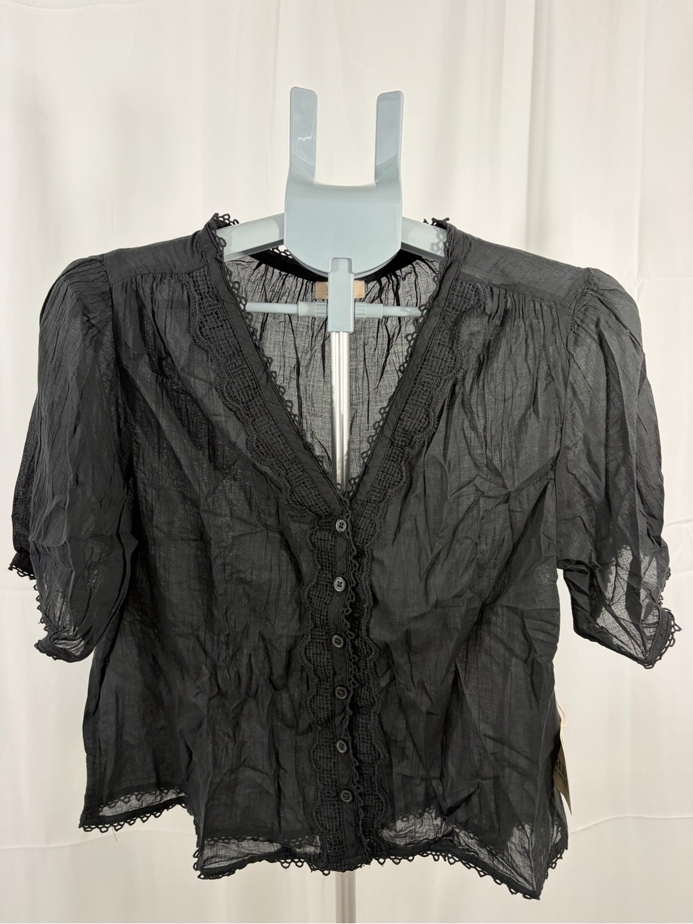 NWT A.N.A. Women’s Size Medium Black Lace-Trim Button Front Lightweight Top